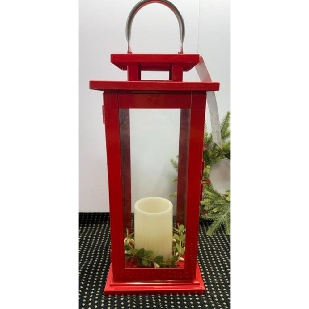 Hampton Bay Red Metal Glass Lantern 15" - Candle Holder - Hanging or Floor Decor